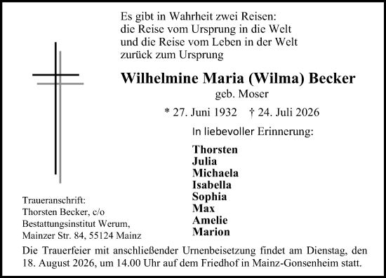 Traueranzeige von Wilhelmine Maria Becker von Allgemeine Zeitung Mainz