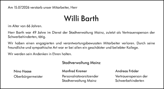 Traueranzeige von Willi Barth von Allgemeine Zeitung Mainz