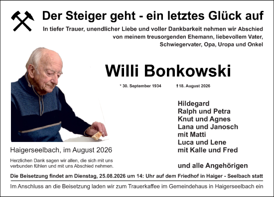 Traueranzeige von Willi Bonkowski von Dill Block