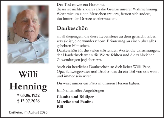 Traueranzeige von Willi Henning von Allgemeine Zeitung Alzey