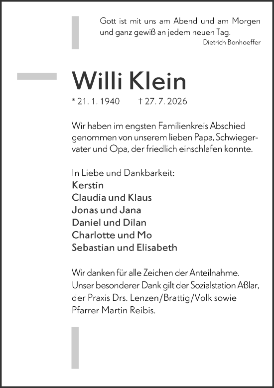 Traueranzeige von Willi Klein von Wetzlarer Neue Zeitung