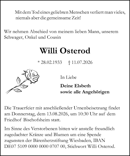 Traueranzeige von Willi Osterod von Rüsselsheimer Echo