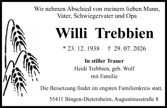 Traueranzeige von Willi Trebbien von Binger-/Ingelheimer Wochenblatt