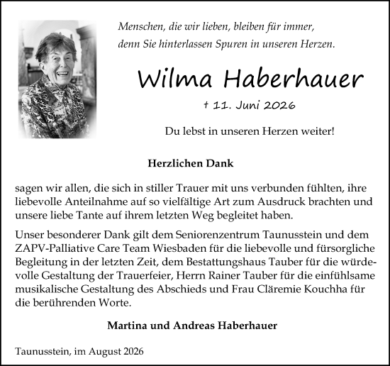 Traueranzeige von Wilma Haberhauer von Idsteiner Land/Untertaunus