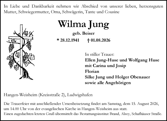 Traueranzeige von Wilma Jung von Allgemeine Zeitung Alzey