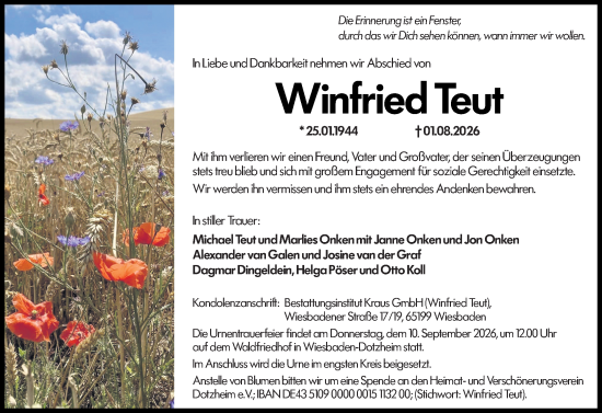 Traueranzeige von Winfried Teut von Wiesbadener Kurier
