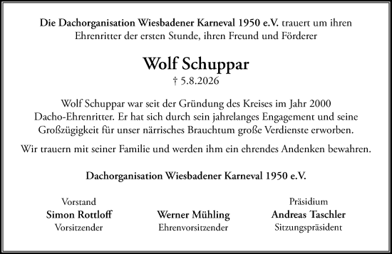 Traueranzeige von Wolf Schuppar von Wiesbadener Kurier