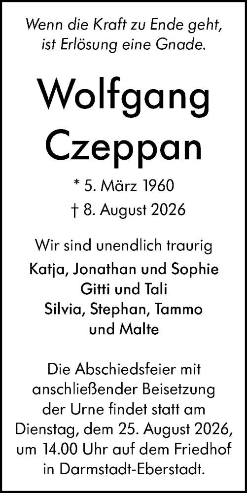 Traueranzeige von Wolfgang Czeppan von Darmstädter Echo