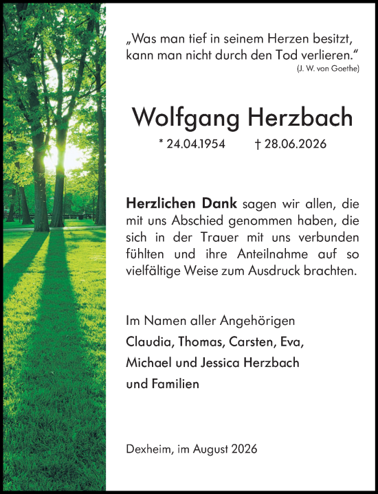 Traueranzeige von Wolfgang Herzbach von Allgemeine Zeitung Mainz