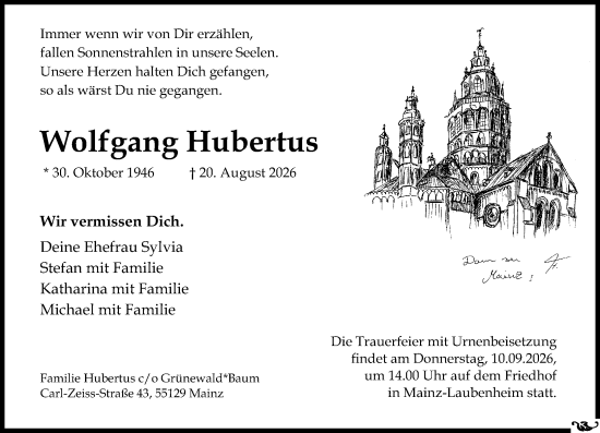 Traueranzeige von Wolfgang Hubertus von Allgemeine Zeitung Mainz