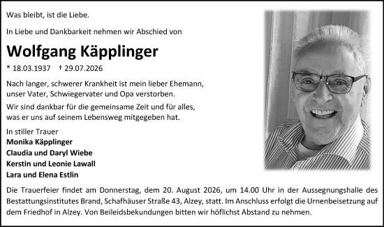 Traueranzeige von Wolfgang Käpplinger von Allgemeine Zeitung Alzey