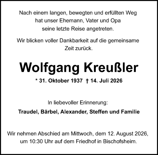 Traueranzeige von Wolfgang Kreußler von Rüsselsheimer Echo