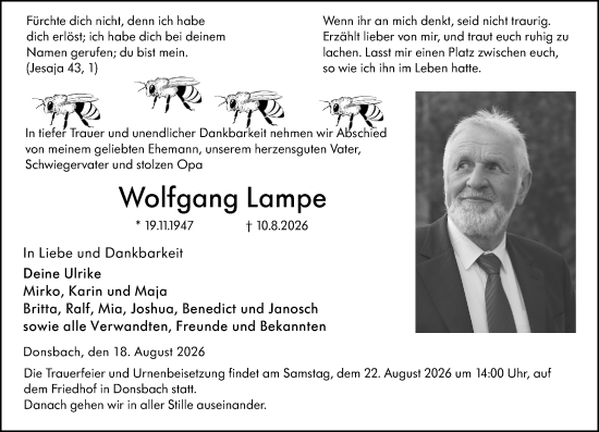 Traueranzeige von Wolfgang Lampe von Dill Block