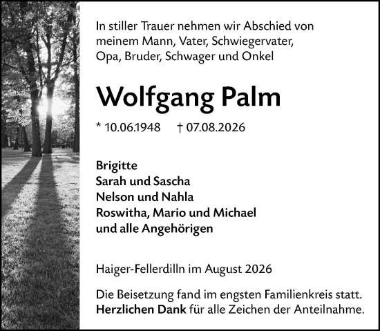 Traueranzeige von Wolfgang Palm von Dill Block