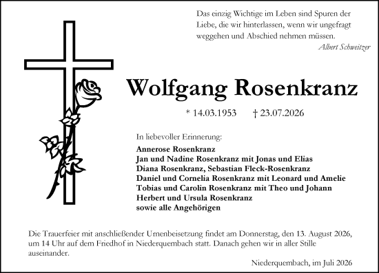 Traueranzeige von Wolfgang Rosenkranz von Wetzlarer Neue Zeitung