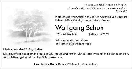 Traueranzeige von Wolfgang Schuh von Dill Block