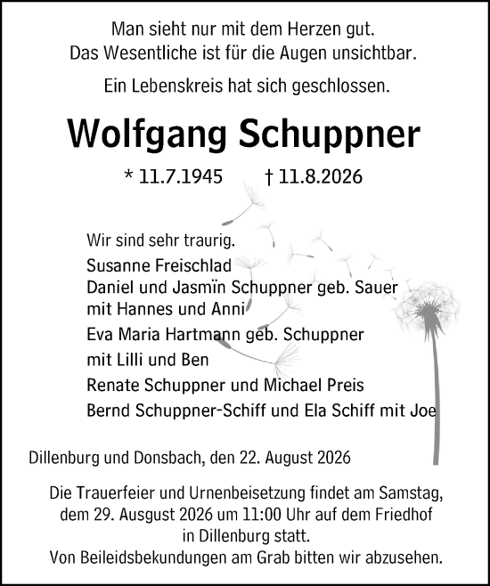 Traueranzeige von Wolfgang Schuppner von Dill Block