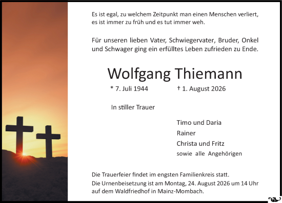 Traueranzeige von Wolfgang Thiemann von Allgemeine Zeitung Mainz
