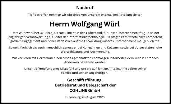 Traueranzeige von Wolfgang Würl von Dill Block