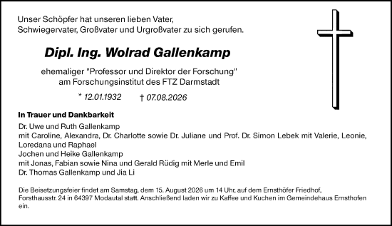 Traueranzeige von Wolrad Gallenkamp von Darmstädter Echo