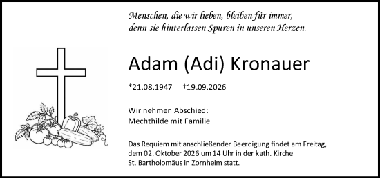 Traueranzeige von Adam Kronauer von Allgemeine Zeitung Mainz