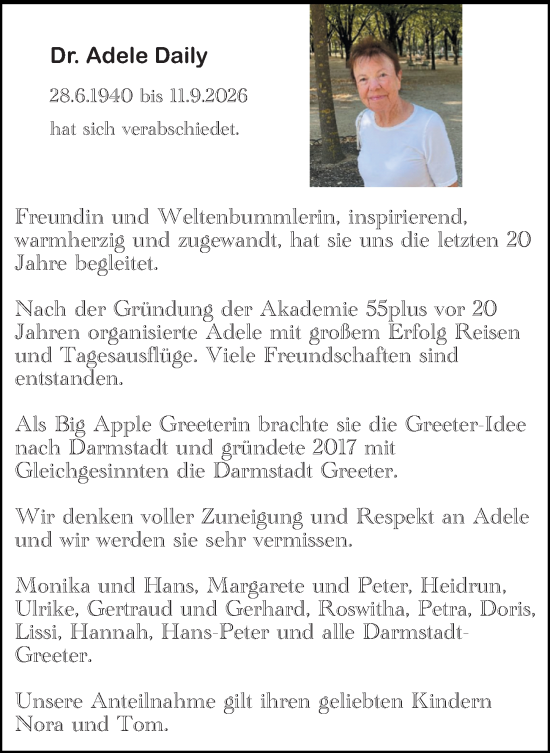 Traueranzeige von Adele Daily von Darmstädter Echo