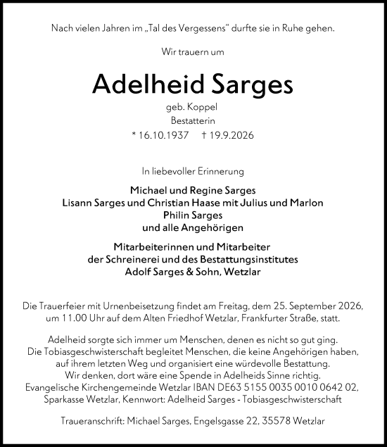 Traueranzeige von Adelheid Sarges von Wetzlarer Neue Zeitung