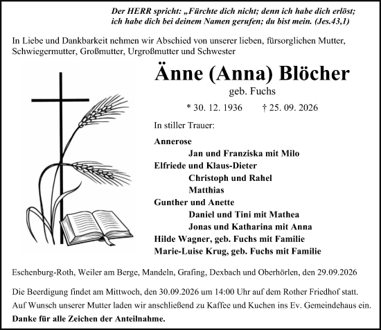 Traueranzeige von Änne (Anna) Blöcher von Hinterländer Anzeiger