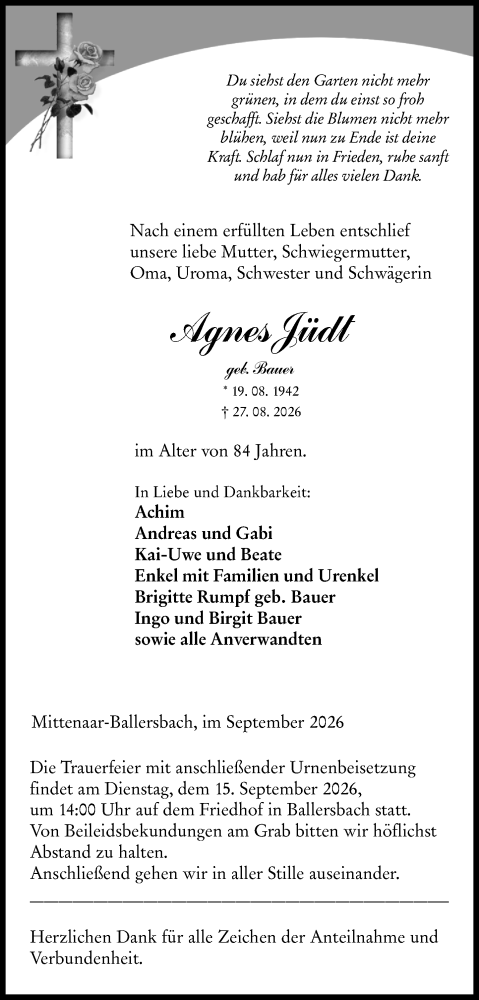 Traueranzeige von Agnes Jüdt von Dill Block