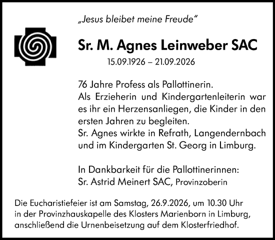 Traueranzeige von Agnes Leinweber von Nassauische Neue Presse