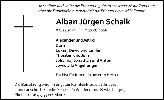 Traueranzeige von Alban Jürgen Schalk von Allgemeine Zeitung Mainz