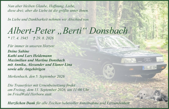 Traueranzeige von Albert-Peter Donsbach von Dill Block