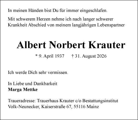 Traueranzeige von Albert Norbert Krauter von Allgemeine Zeitung Mainz