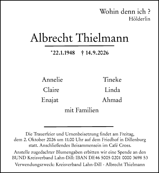 Traueranzeige von Albrecht Thielmann von Dill Block