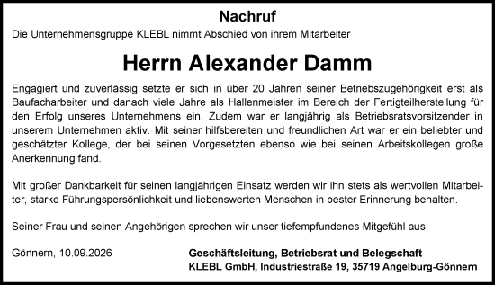 Traueranzeige von Alexander Damm von Hinterländer Anzeiger