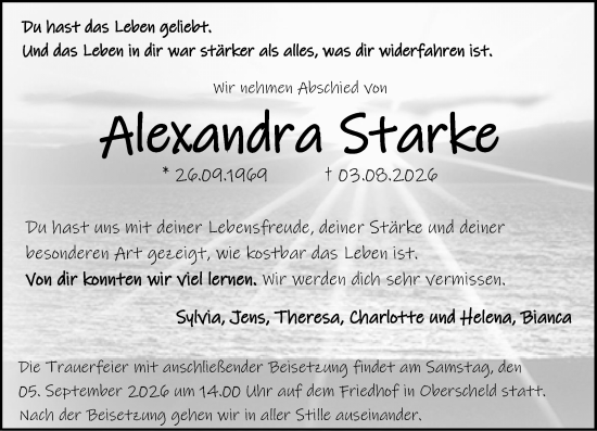 Traueranzeige von Alexandra Starke von Dill Block