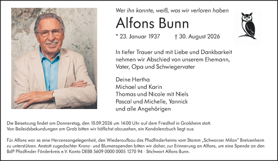 Traueranzeige von Alfons Bunn von Allgemeine Zeitung Rheinhessen-Nahe