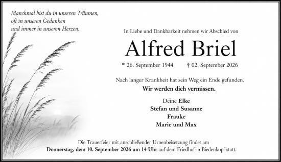 Traueranzeige von Alfred Briel von Hinterländer Anzeiger