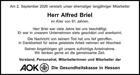Traueranzeige von Alfred Briel von Hinterländer Anzeiger