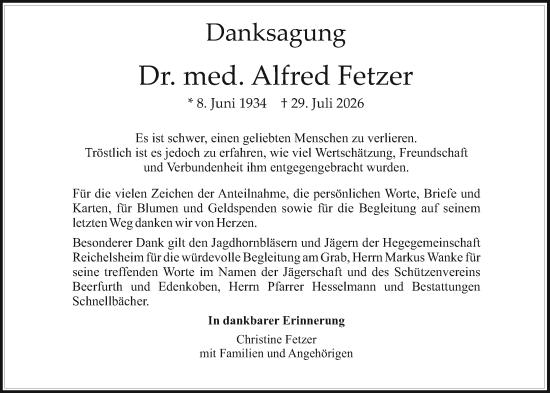 Traueranzeige von Alfred Fetzer von Odenwälder Echo
