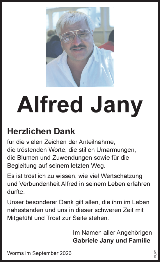 Traueranzeige von Alfred Jany von Wormser Zeitung