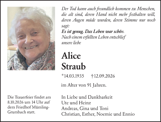 Traueranzeige von Alice Straub von Odenwälder Echo