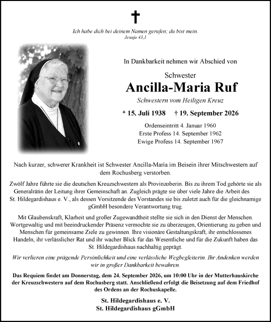 Traueranzeige von Ancilla-Maria Ruf von Allgemeine Zeitung Rheinhessen-Nahe