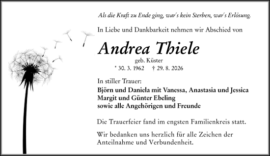 Traueranzeige von Andrea Thiele von Wetzlarer Neue Zeitung