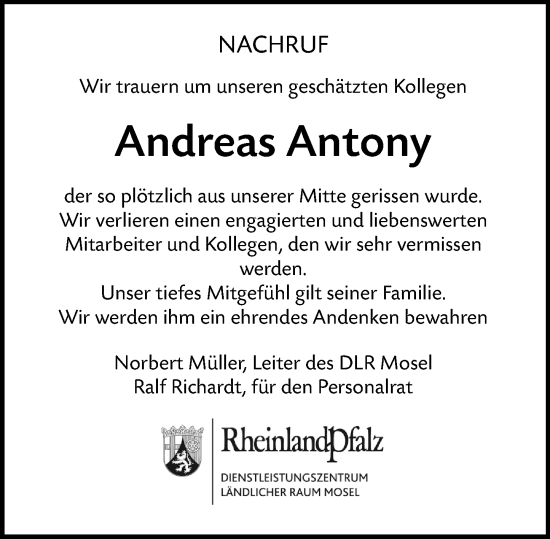 Traueranzeige von Andreas Antony von Allgemeine Zeitung Alzey