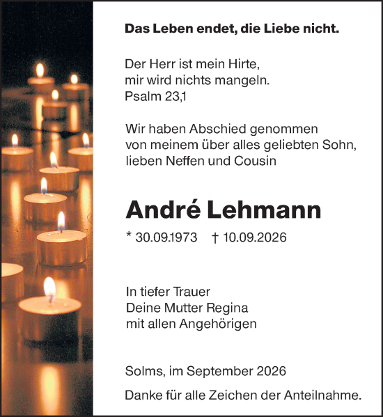 Traueranzeige von André Lehmann von Wetzlarer Neue Zeitung