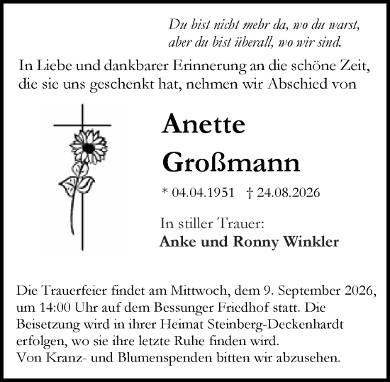 Traueranzeige von Anette Großmann von Darmstädter Echo