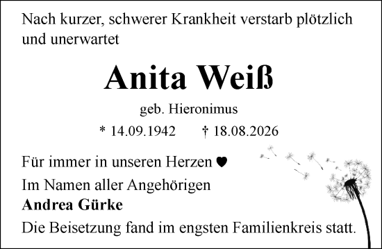 Traueranzeige von Anita Weiß von Allgemeine Zeitung Mainz
