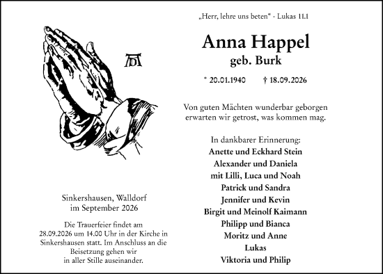 Traueranzeige von Anna Happel von Hinterländer Anzeiger
