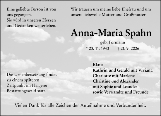 Traueranzeige von Anna-Maria Spahn von Dill Block